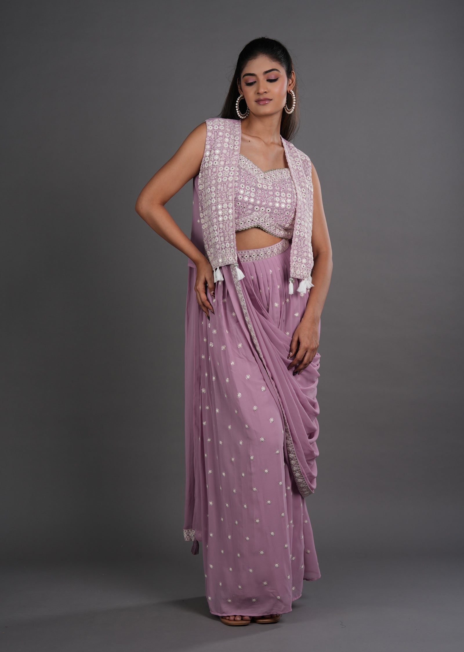 Onion Pink Georgette Draped Saree