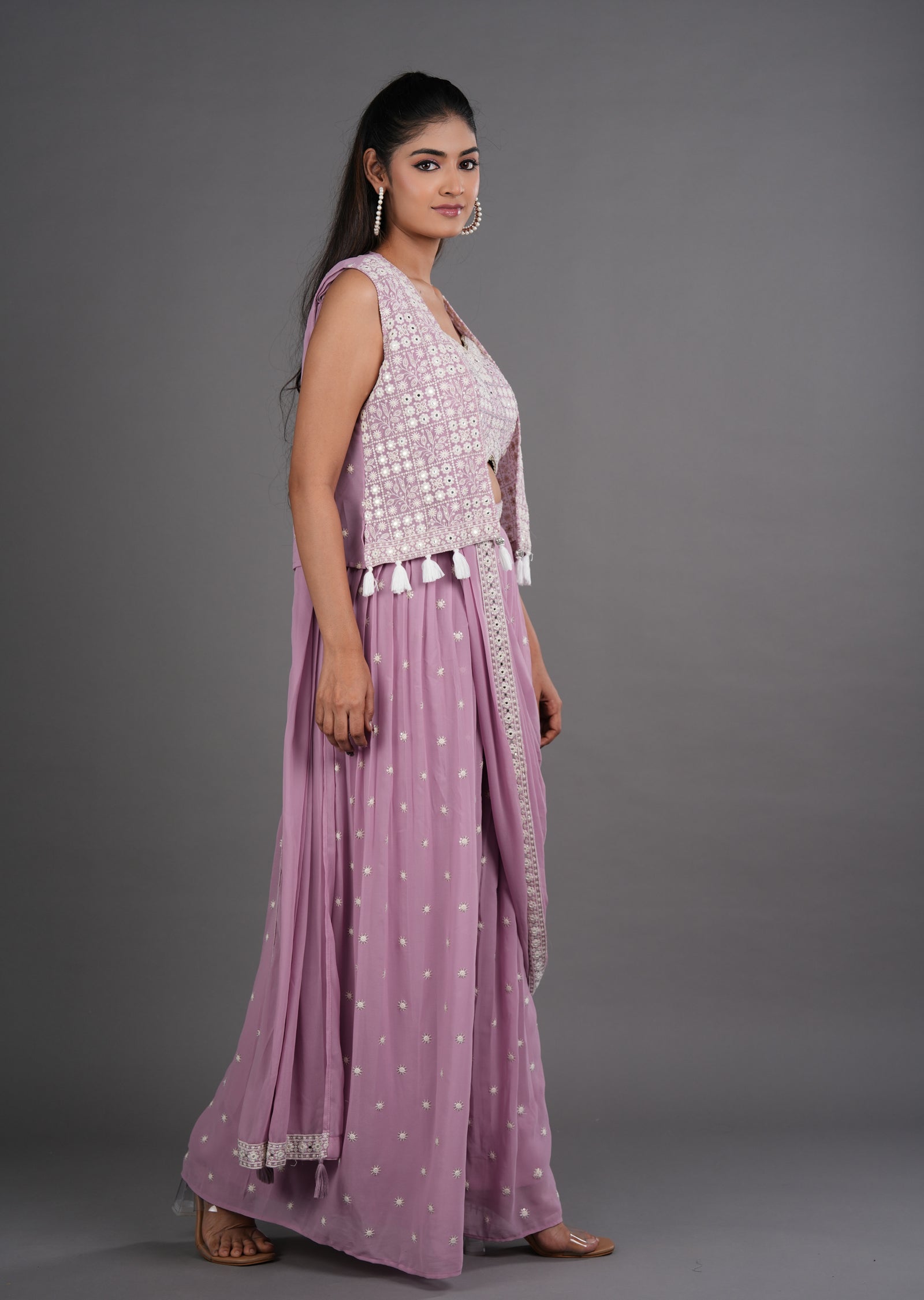 Onion Pink Georgette Draped Saree