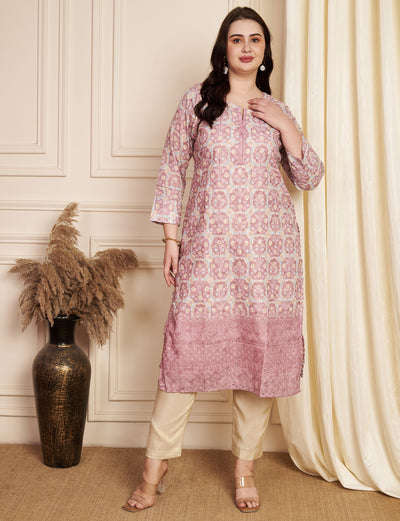 Onion Pink Cotton Straight Cut Kurti