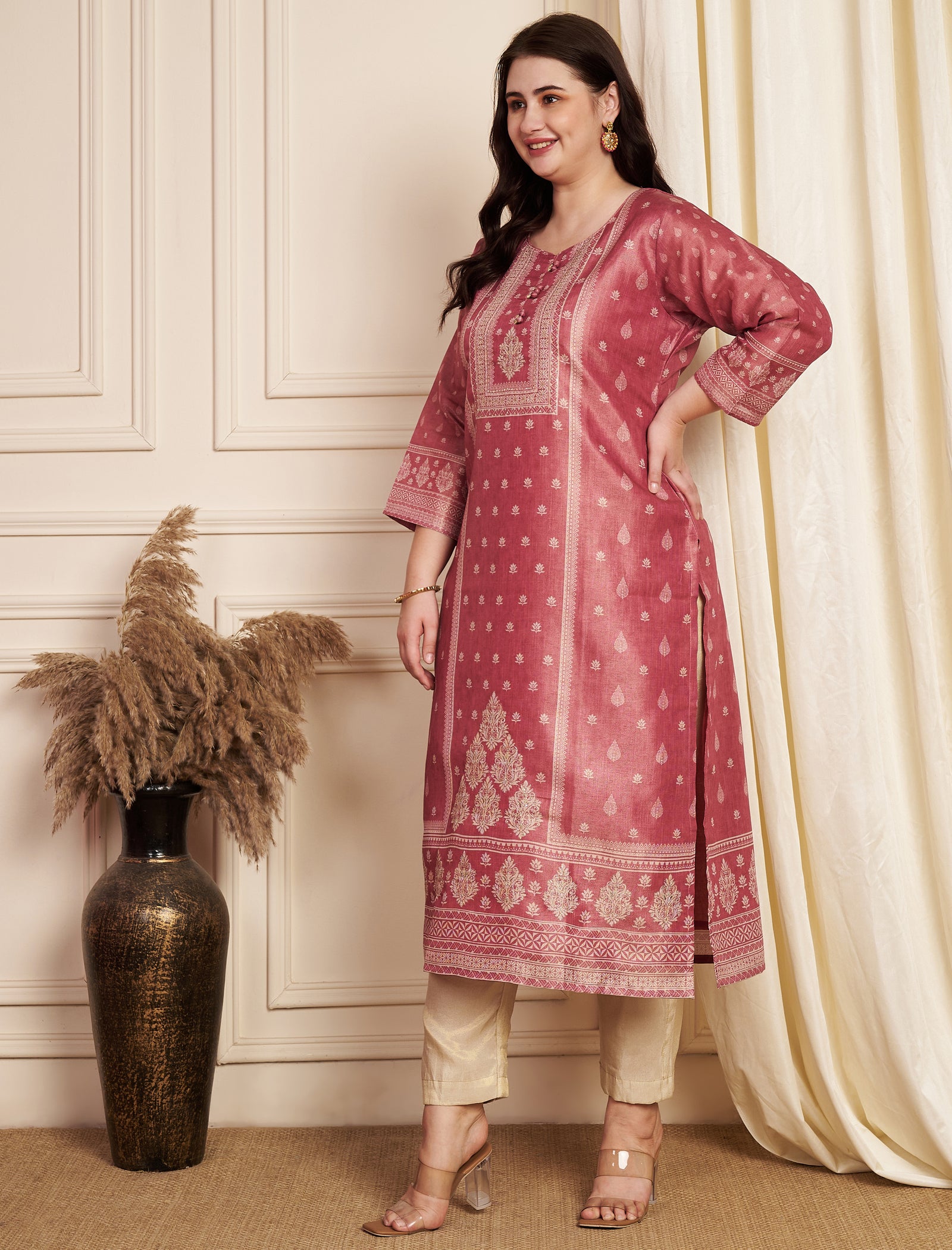 Pink Tissue Straight Cut Kurti