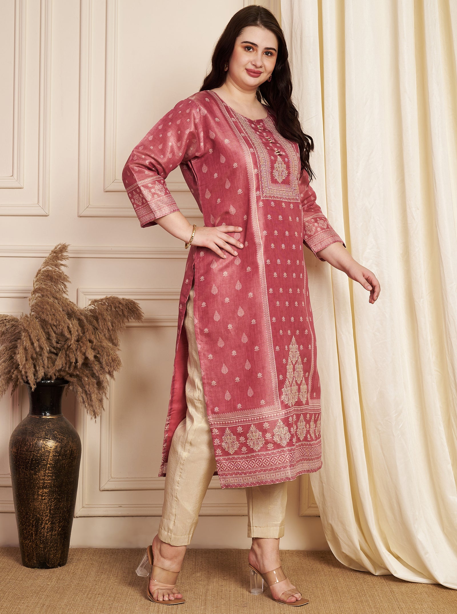 Pink Tissue Straight Cut Kurti