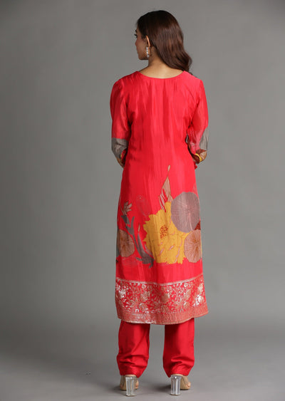 Coral Organza Banarasi Straight Cut Suit