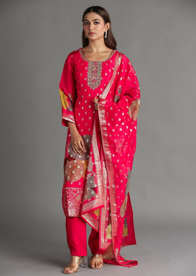 Coral Organza Banarasi Straight Cut Suit