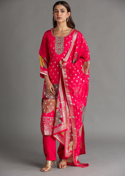 Coral Organza Banarasi Straight Cut Suit