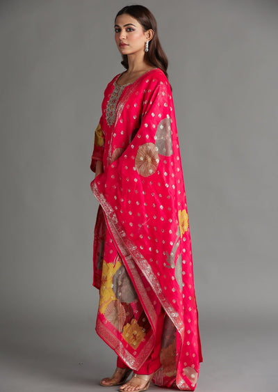 Coral Organza Banarasi Straight Cut Suit