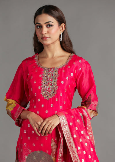Coral Organza Banarasi Straight Cut Suit