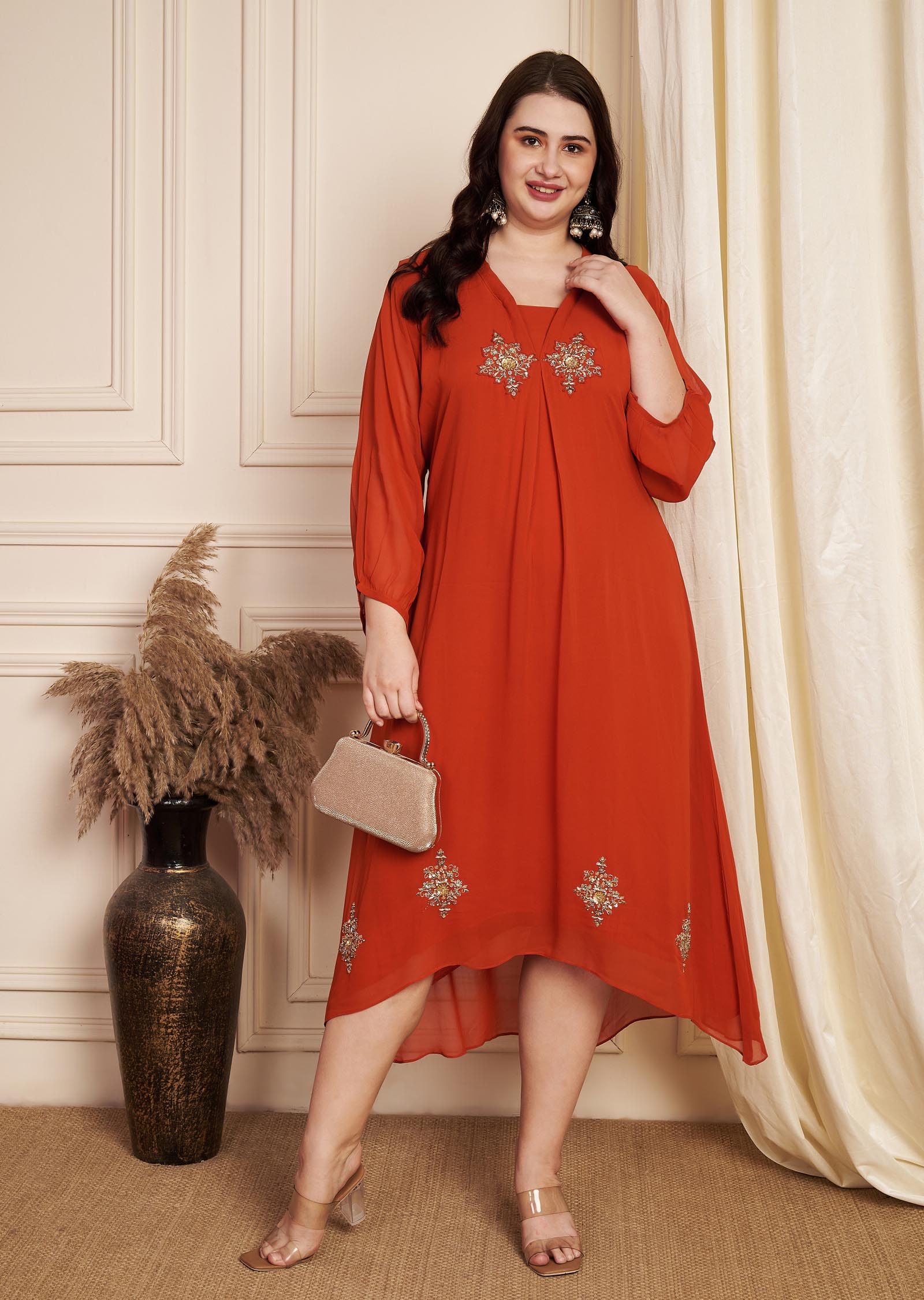 Rust Georgette Midi Dress