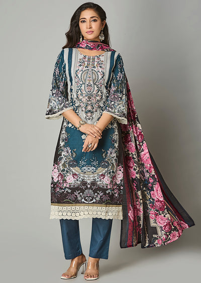 Teal Blue Cotton Straight Cut Suit