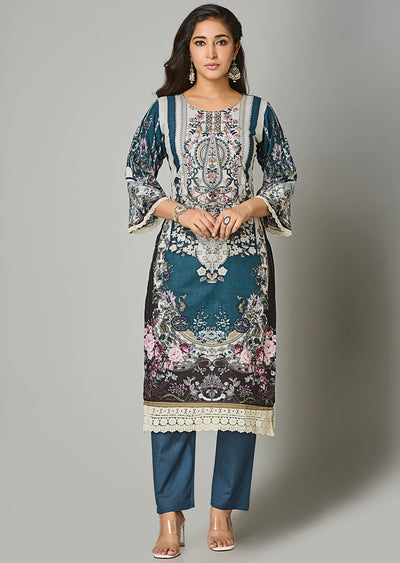 Teal Blue Cotton Straight Cut Suit