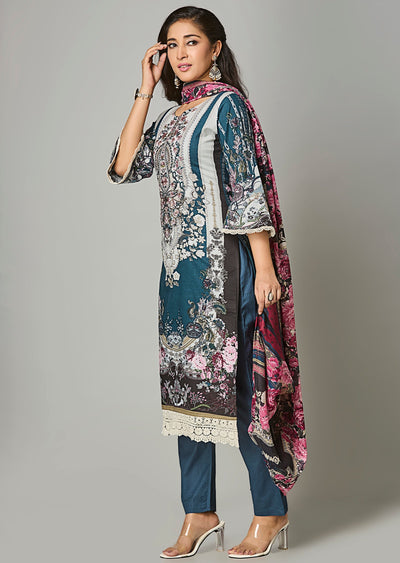 Teal Blue Cotton Straight Cut Suit