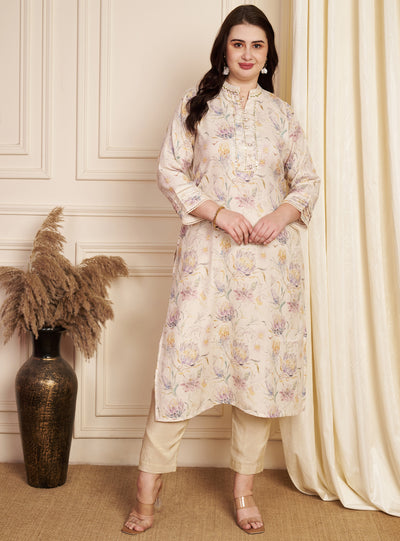 Beige Linen Cotton Straight Cut Kurti
