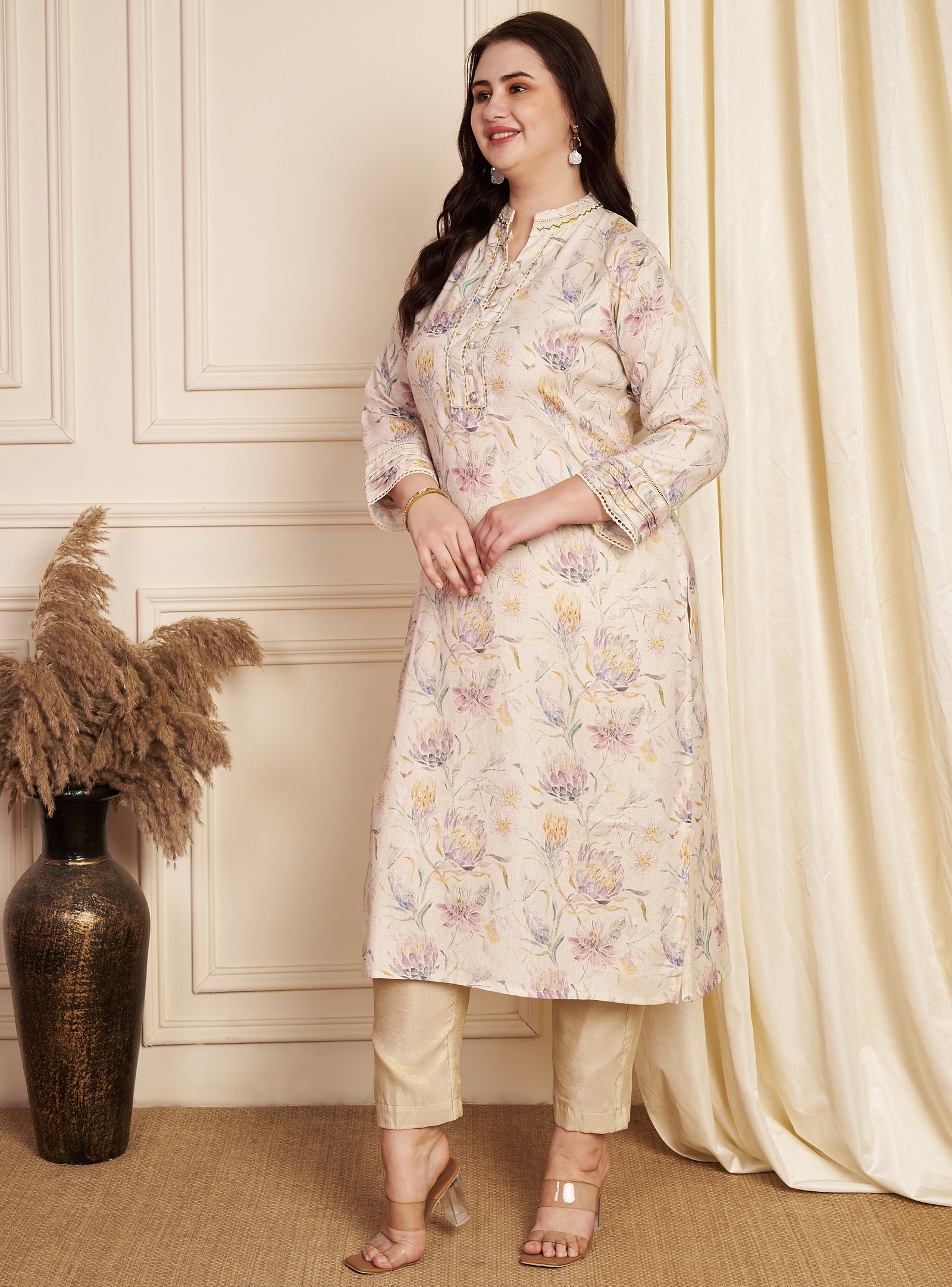 Beige Linen Cotton Straight Cut Kurti