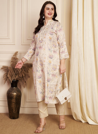 Beige Linen Cotton Straight Cut Kurti