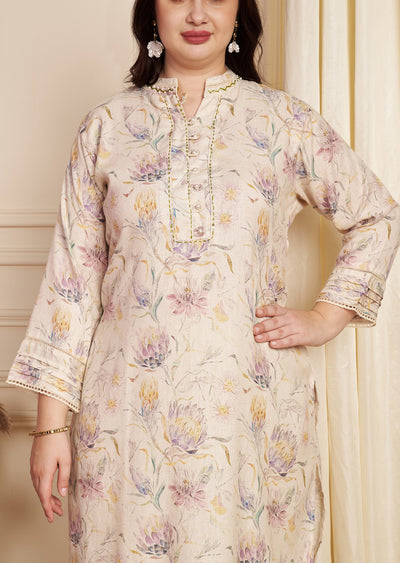 Beige Linen Cotton Straight Cut Kurti