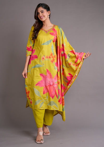 Lime Green Cotton Straight Cut Suit