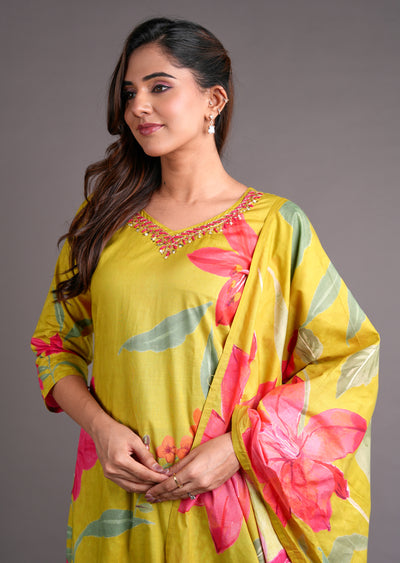 Lime Green Cotton Straight Cut Suit