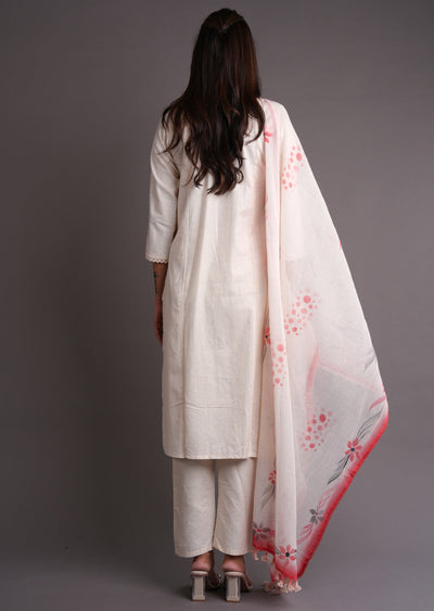 Off White & Coral Cotton Straight Cut Suit