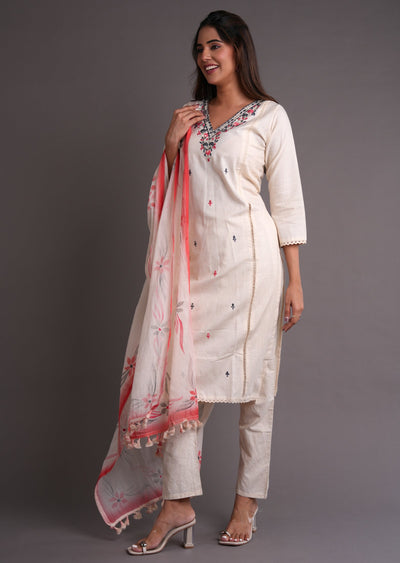 Off White & Coral Cotton Straight Cut Suit