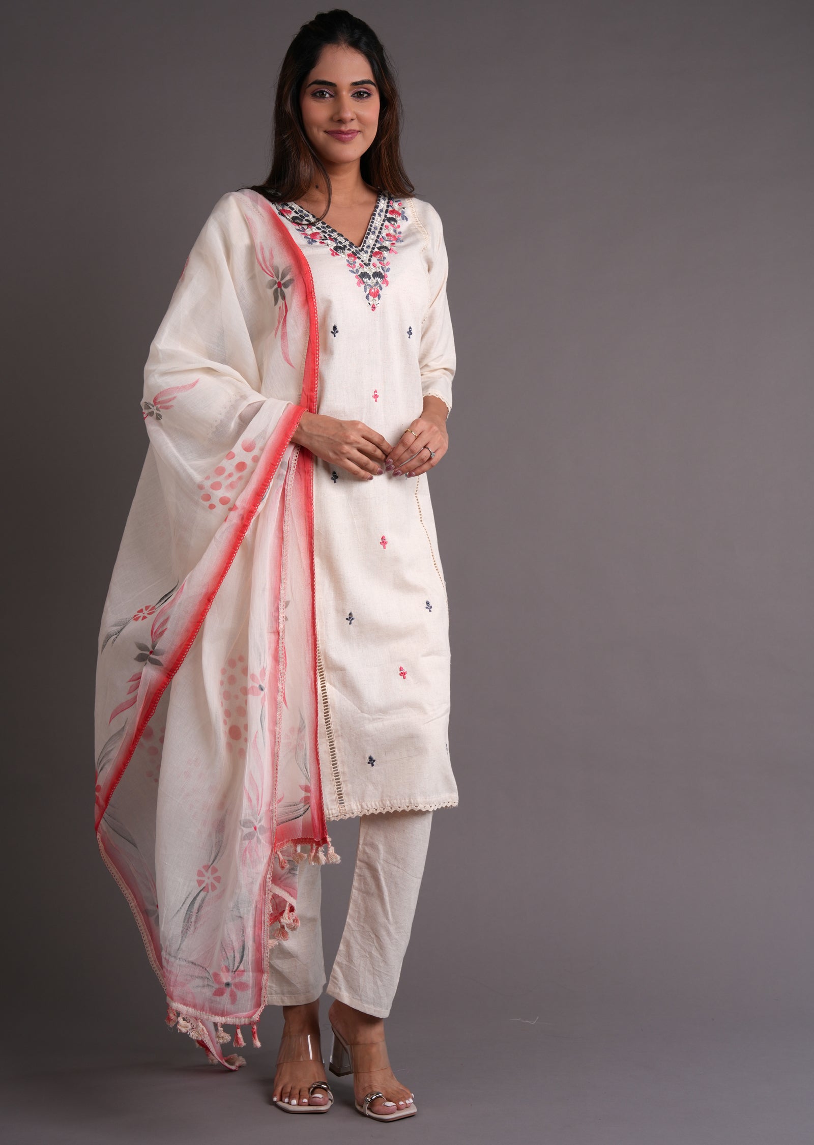 Off White & Coral Cotton Straight Cut Suit