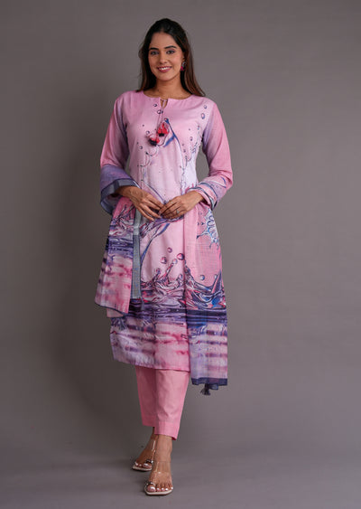 Pink Cotton Straight Cut Suit