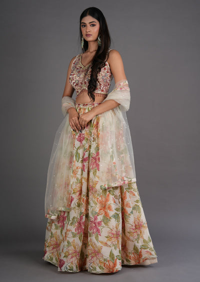 Cream Chinnon Lehenga