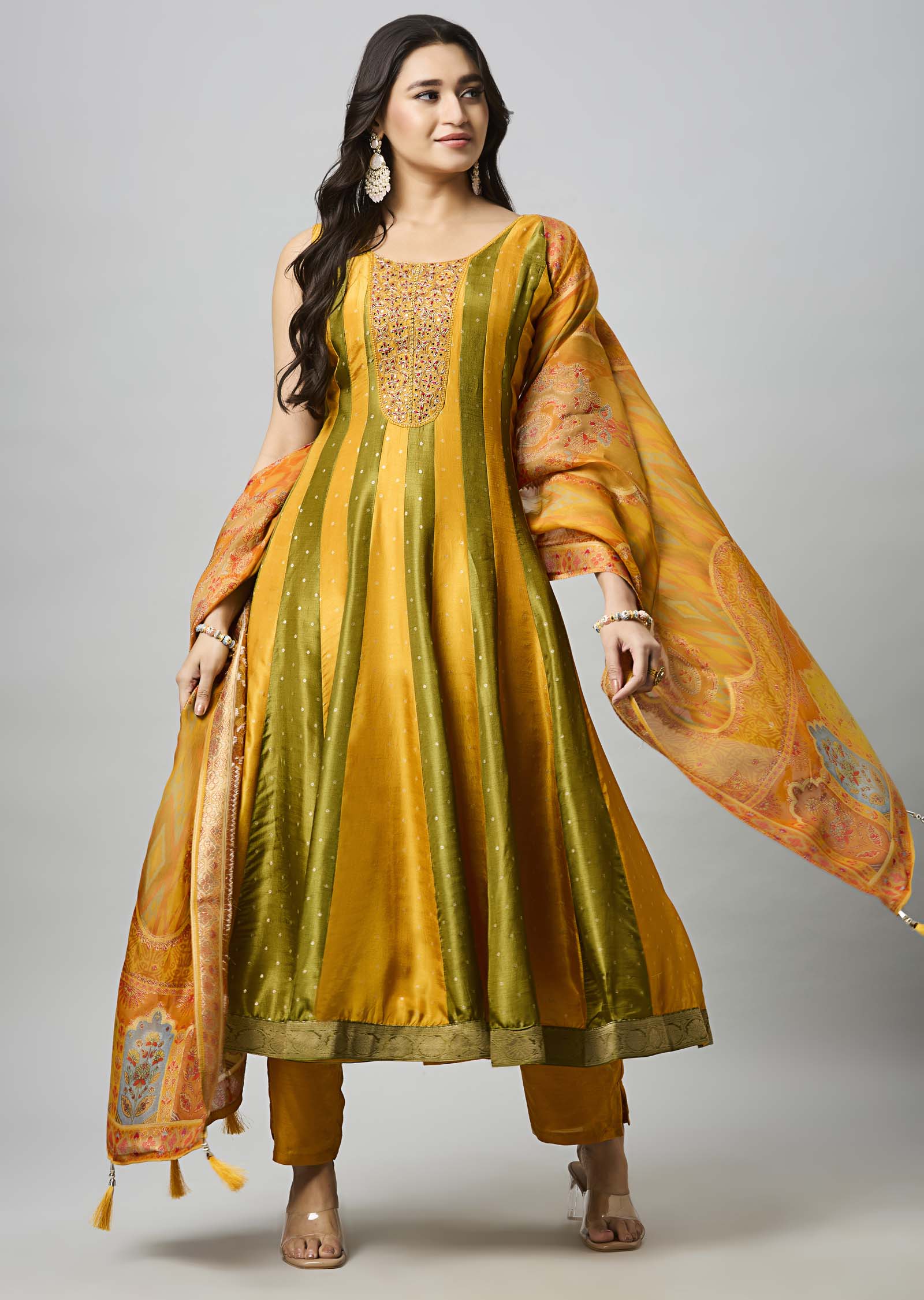Mustard Banarasi Silk Anarkali Suit