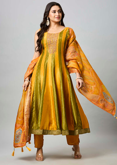 Mustard Banarasi Silk Anarkali Suit