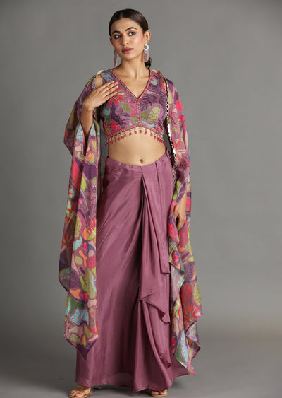 Mauve Chinnon Draped Skirt Set