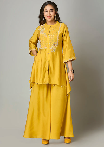 Mustard Russian Silk Straight Cut Kurti Set