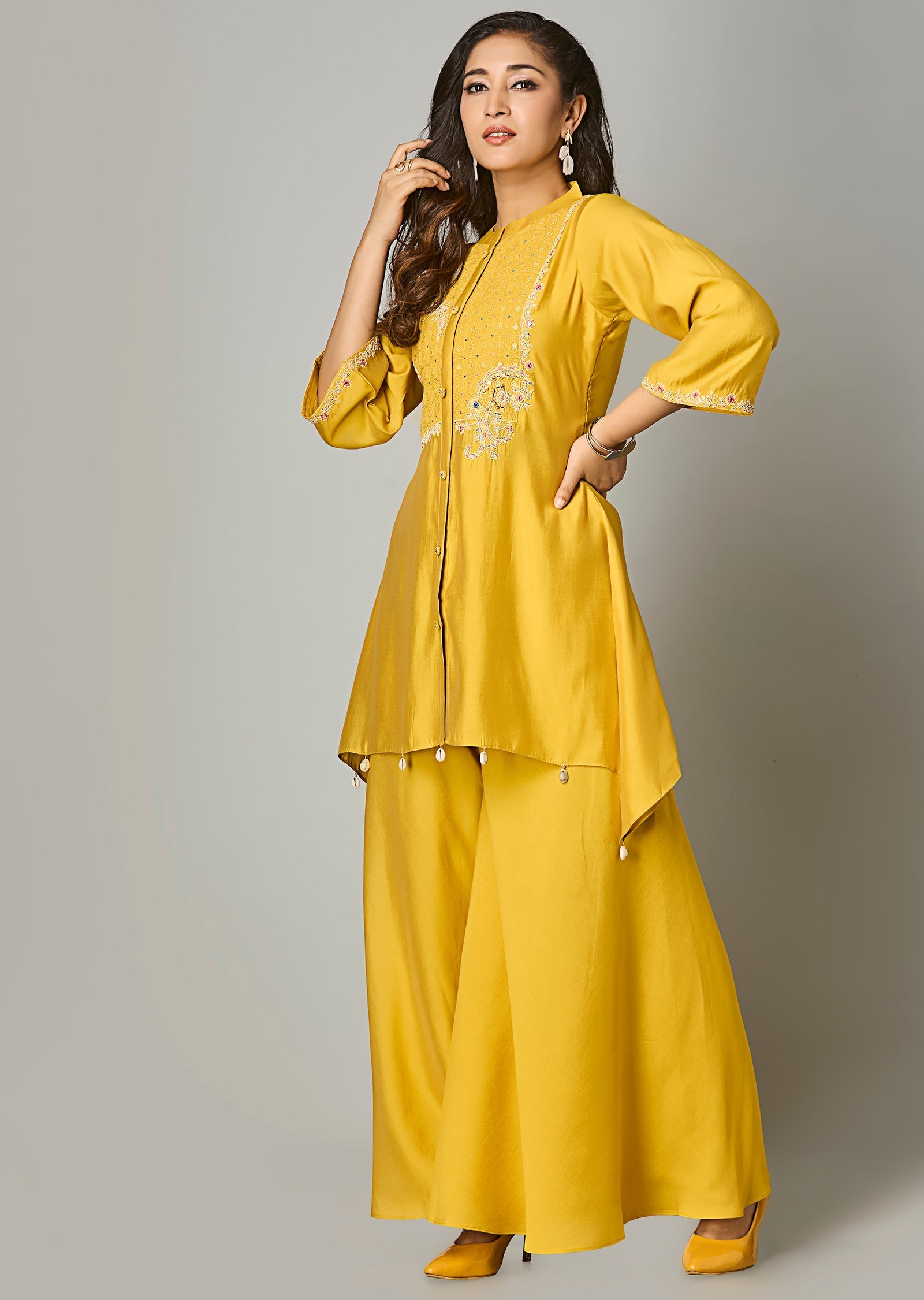 Mustard Russian Silk Straight Cut Kurti Set