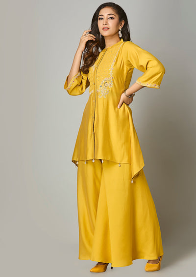 Mustard Russian Silk Straight Cut Kurti Set
