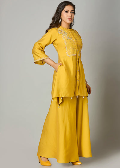 Mustard Russian Silk Straight Cut Kurti Set