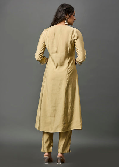 Dark Beige Chanderi Straight Cut Kurti Set