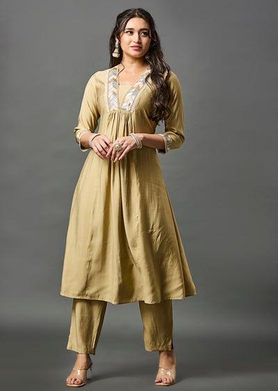 Dark Beige Chanderi Straight Cut Kurti Set