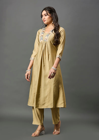 Dark Beige Chanderi Straight Cut Kurti Set