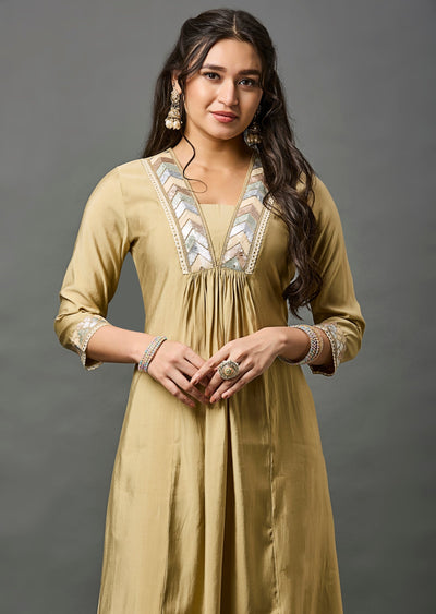 Dark Beige Chanderi Straight Cut Kurti Set
