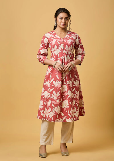 Pink Cotton Straight Cut Kurti Set