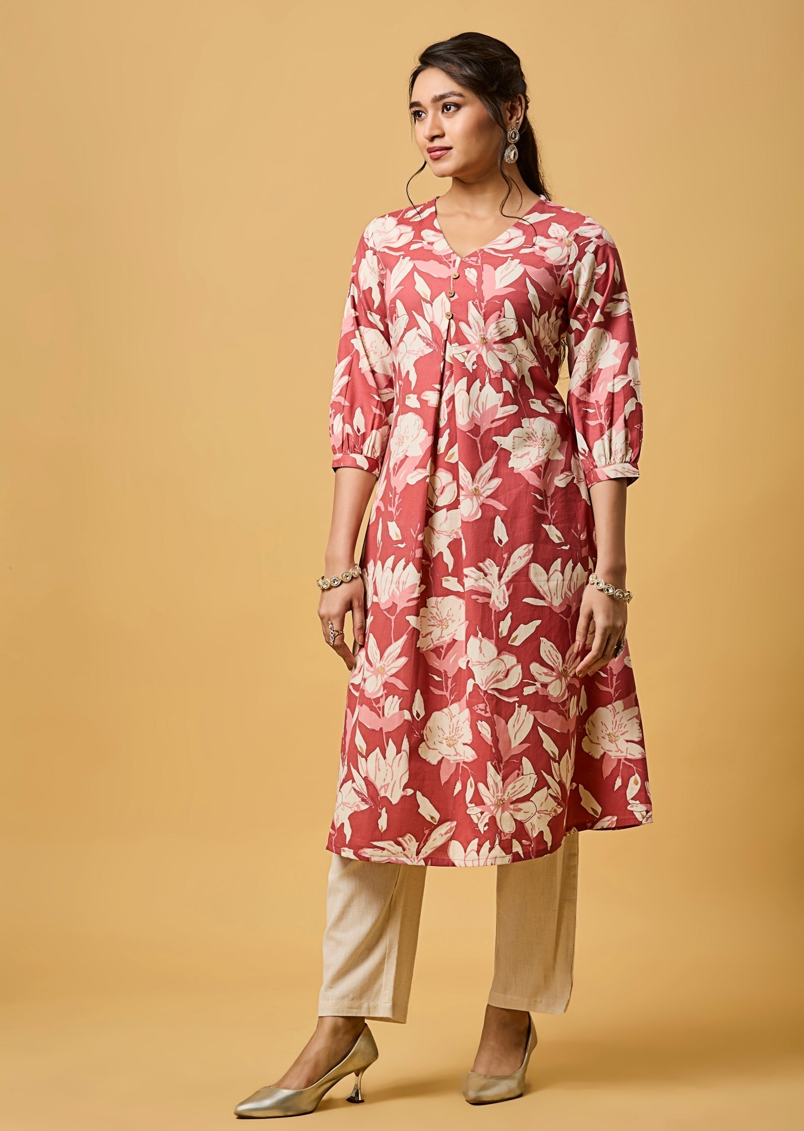 Pink Cotton Straight Cut Kurti Set