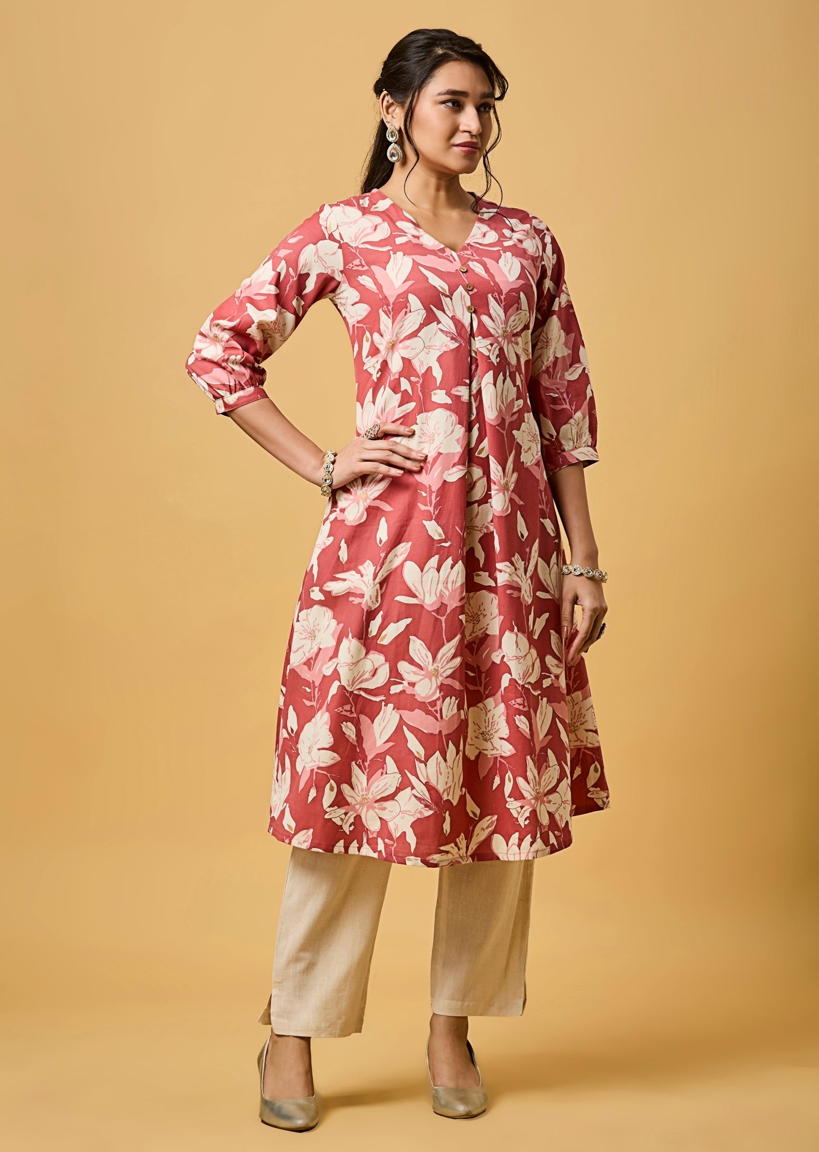 Pink Cotton Straight Cut Kurti Set