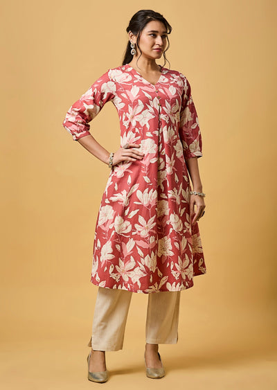 Pink Cotton Straight Cut Kurti Set