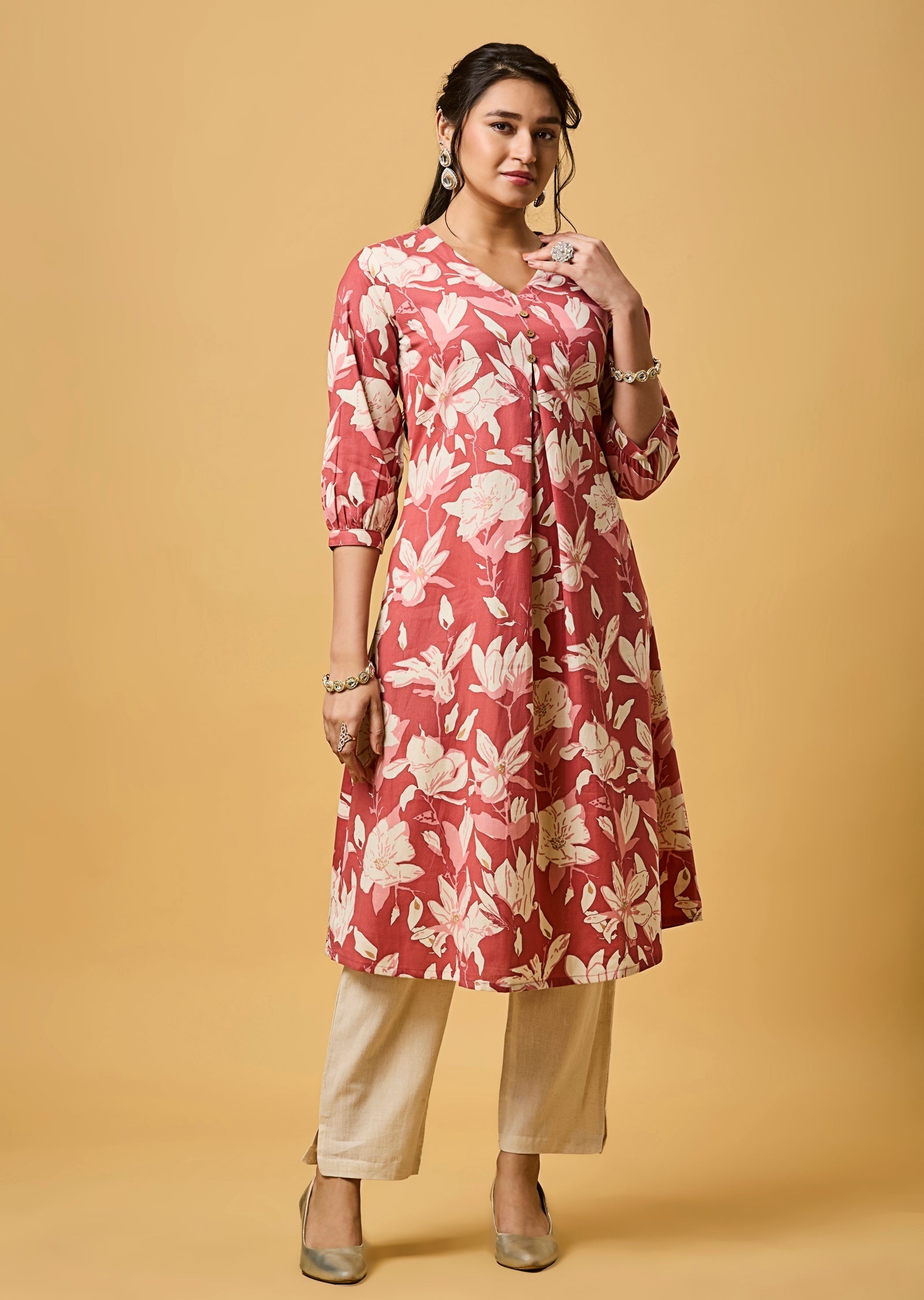 Pink Cotton Straight Cut Kurti Set