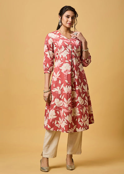 Pink Cotton Straight Cut Kurti Set