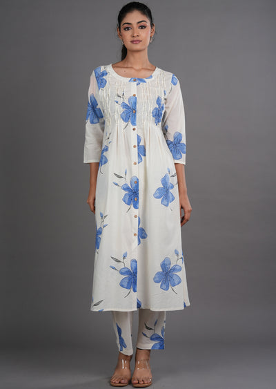 Blue Cotton Straight Cut Kurti Set