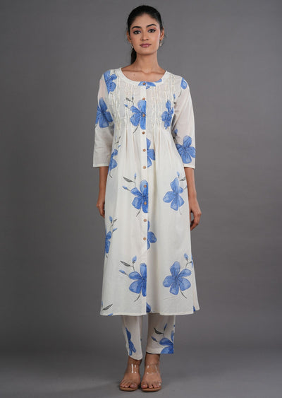 Blue Cotton Straight Cut Kurti Set