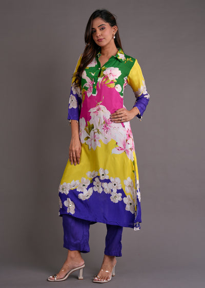 Multi Colour Muslin Straight Cut Kurti Set