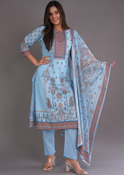 Light Blue Cotton Straight Cut Suit
