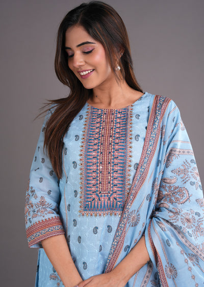 Light Blue Cotton Straight Cut Suit