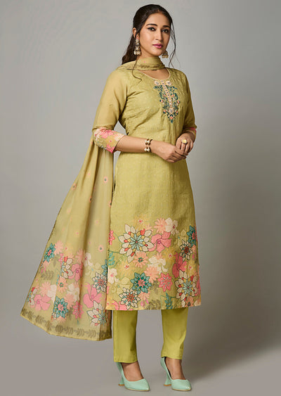 Mehendi Green Cotton Straight Cut Suit