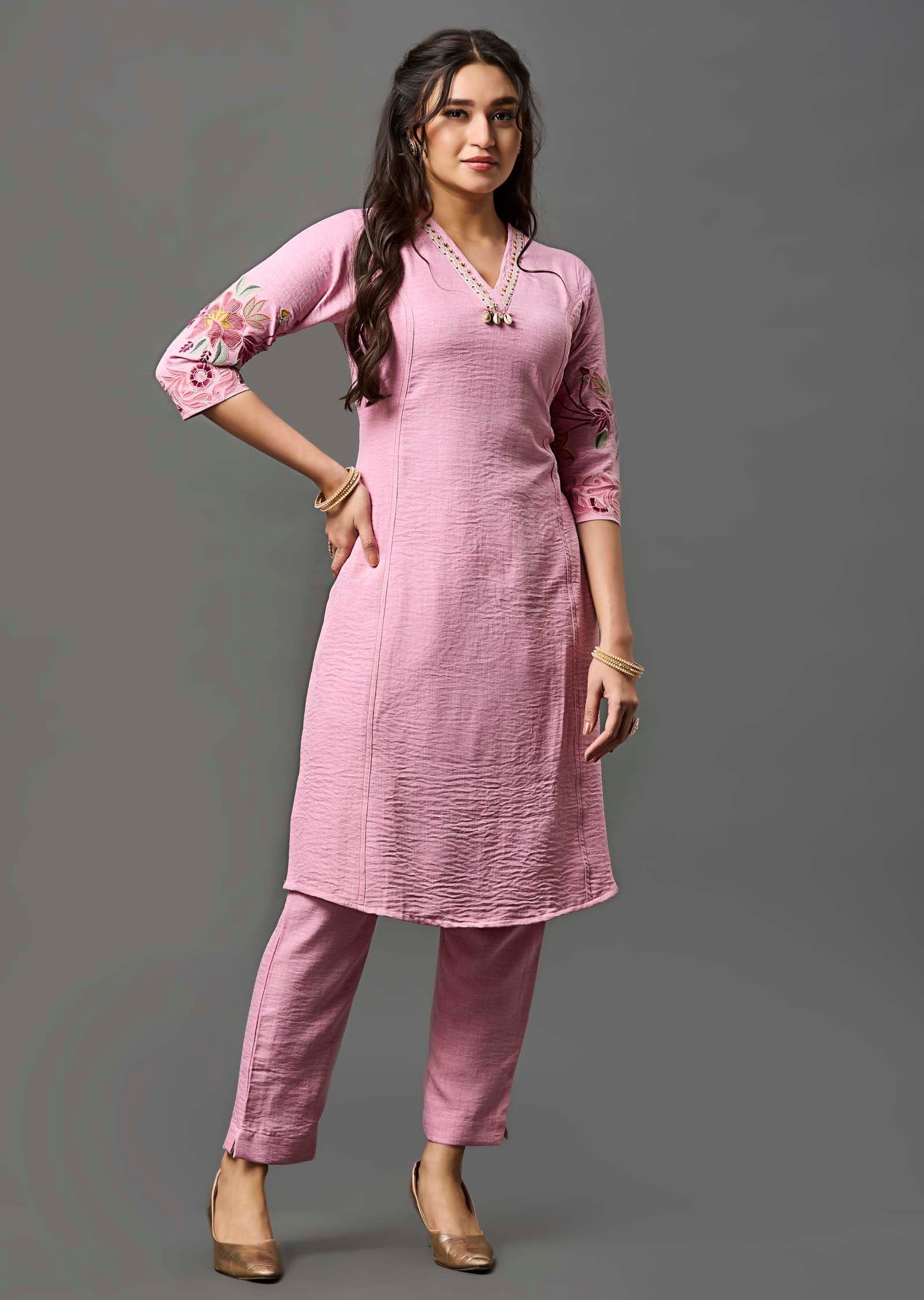 Pink Straight Cut Kurti Set