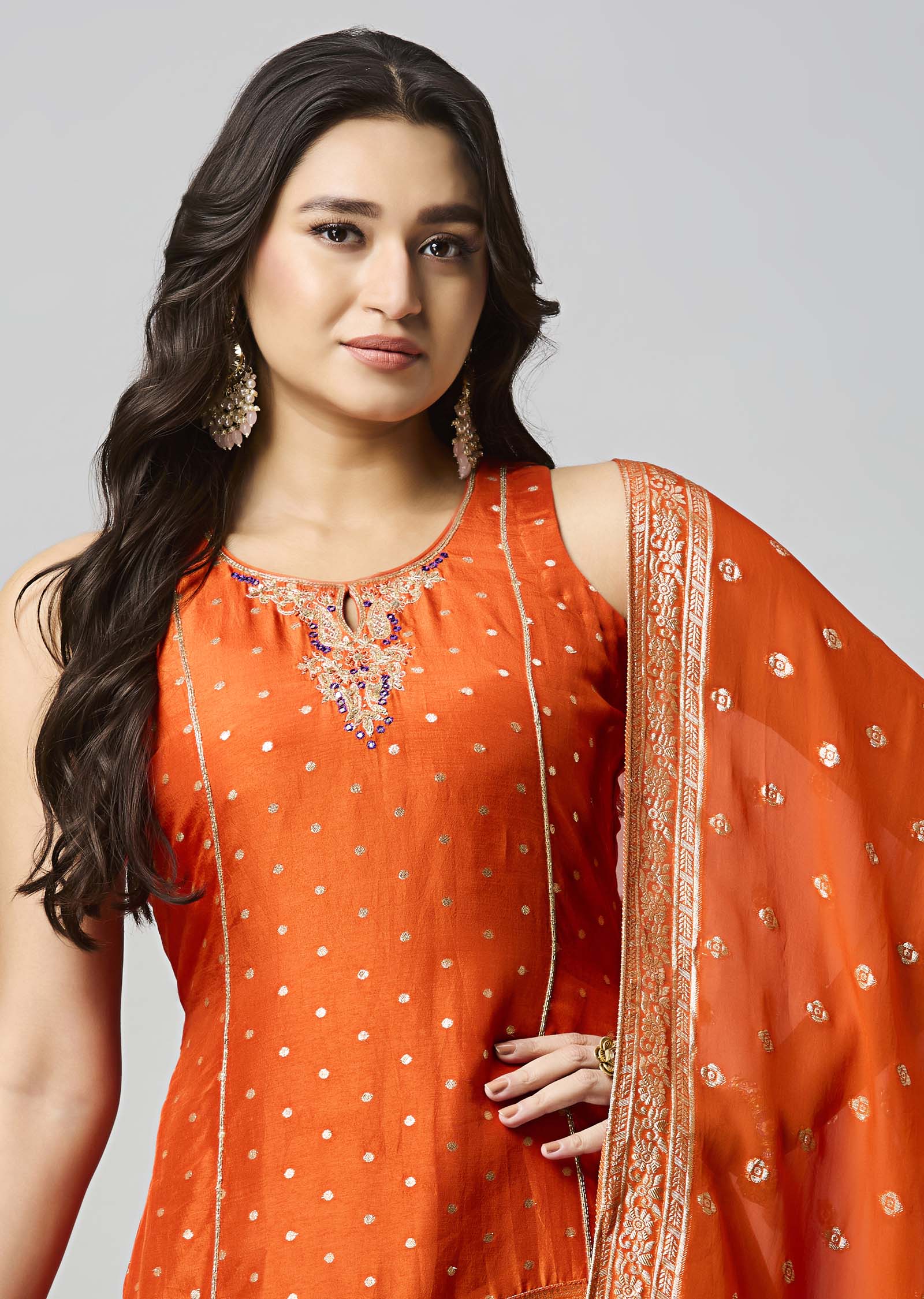 Orange Banarasi Straight Cut Suit